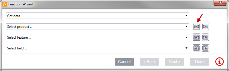 Screen capture highlighting the first reference button in the Function Wizard.